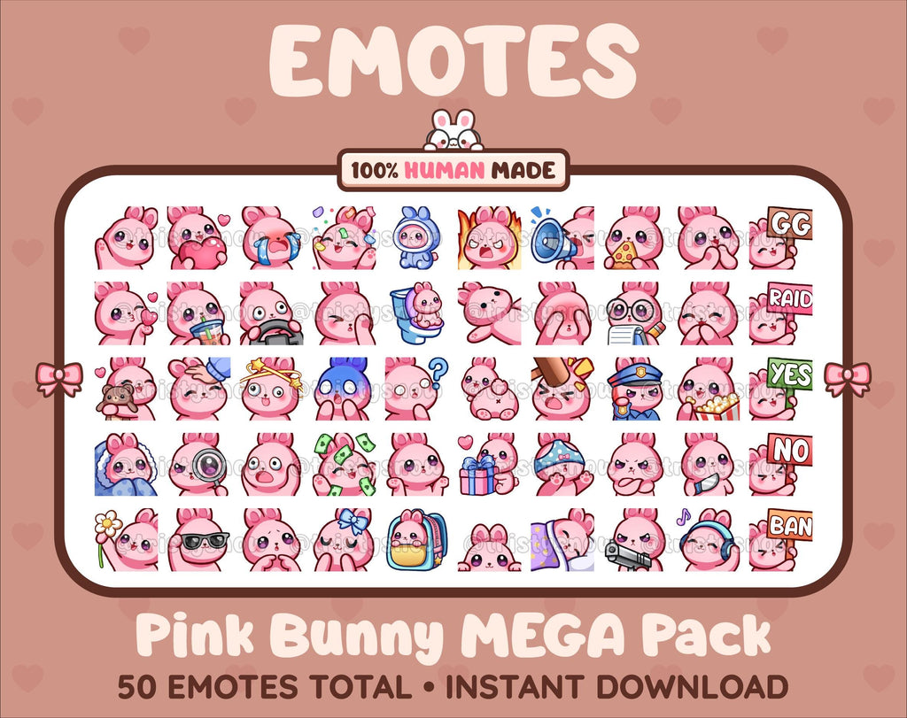 Pink Bunny Twitch emote mega pack featuring 50 emotes including hype, kiss, raid, and lurk.