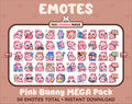 Pink Bunny Twitch emote mega pack featuring 50 emotes including hype, kiss, raid, and lurk.