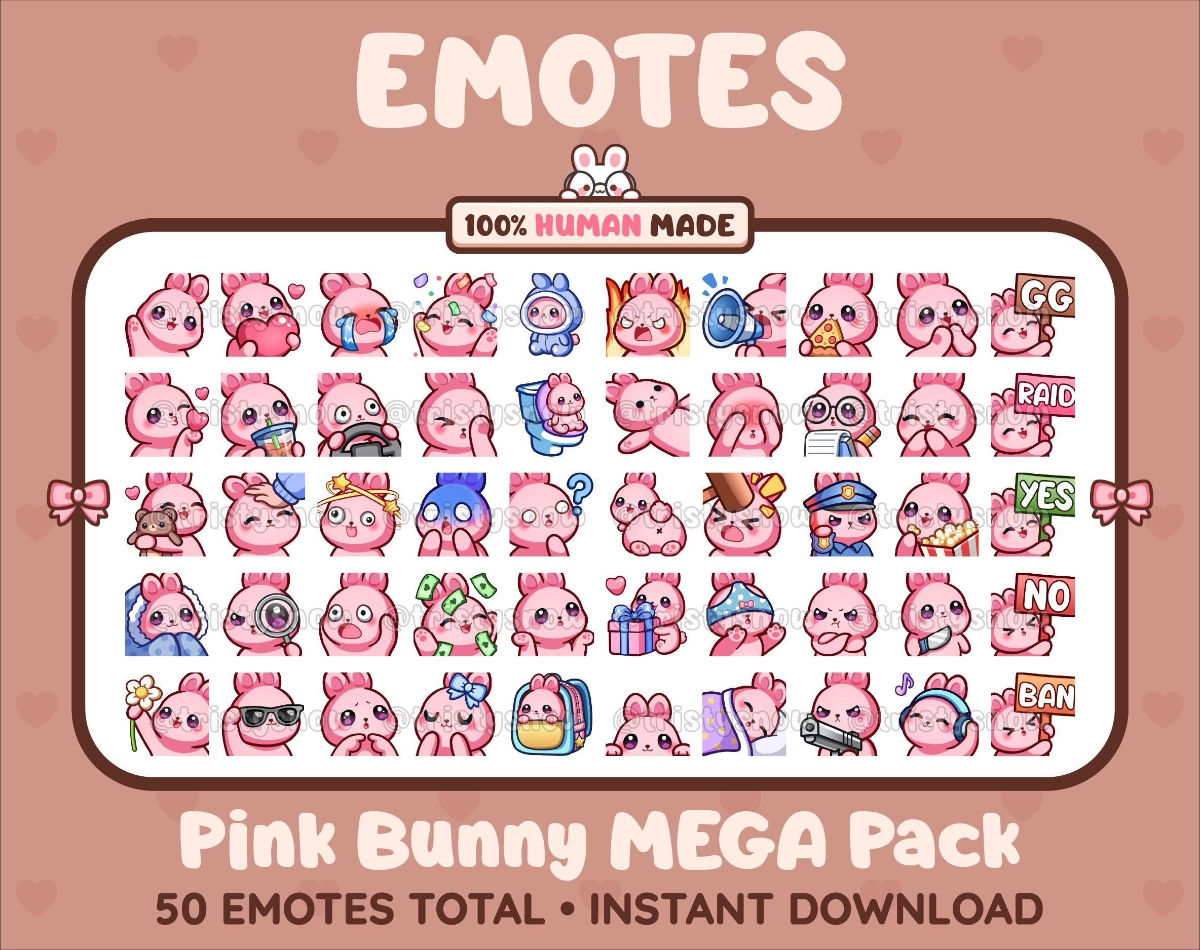 Pink Bunny Twitch emote mega pack featuring 50 emotes including hype, kiss, raid, and lurk.