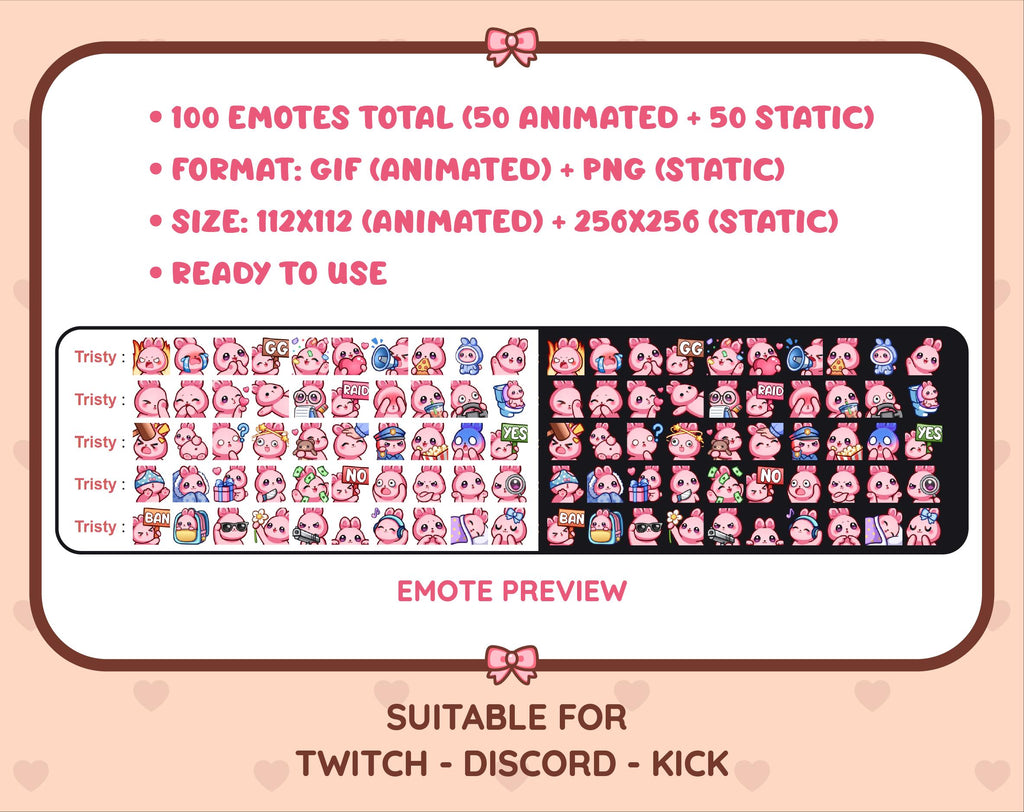 Pink Bunny animated Twitch emote mega pack preview displaying all 50 emotes with format and size information.