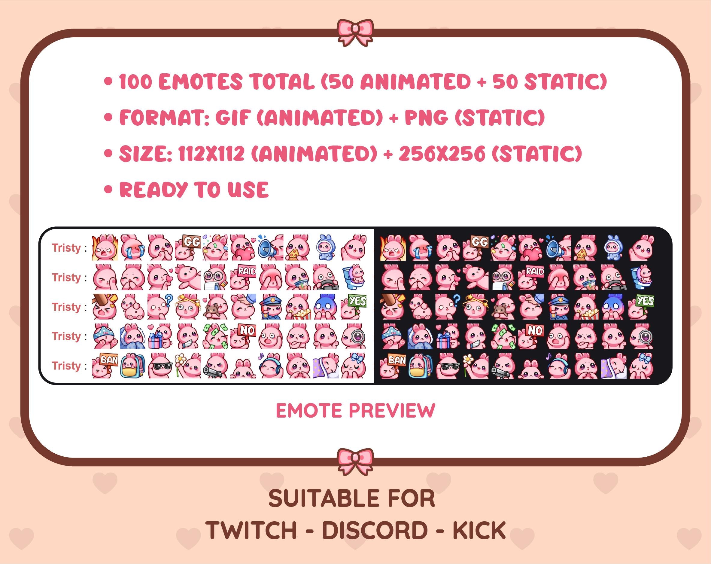 Pink Bunny animated Twitch emote mega pack preview displaying all 50 emotes with format and size information.