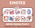 White Bunny Twitch emote pack featuring 10 emotes including GG, angry, cry, and hype.