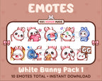 White Bunny Twitch emote pack featuring 10 emotes including GG, angry, cry, and hype.