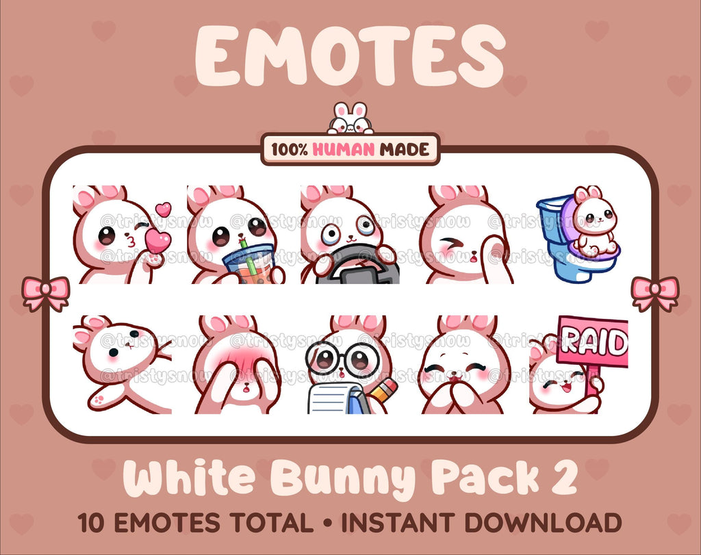 White Bunny Twitch emote pack featuring 10 emotes including kiss, facepalm, shy, and raid.