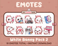White Bunny Twitch emote pack featuring 10 emotes including kiss, facepalm, shy, and raid.