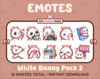White Bunny Twitch emote pack featuring 10 emotes including kiss, facepalm, shy, and raid.