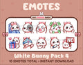 White Bunny Twitch emote pack featuring 10 emotes including cozy, sus, panic, and shrug.