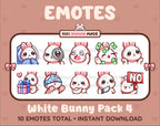 White Bunny Twitch emote pack featuring 10 emotes including cozy, sus, panic, and shrug.