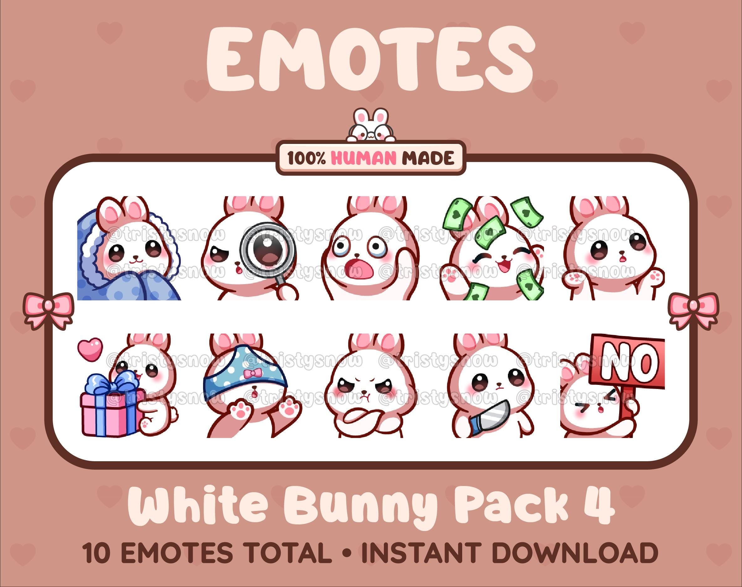 White Bunny Twitch emote pack featuring 10 emotes including cozy, sus, panic, and shrug.