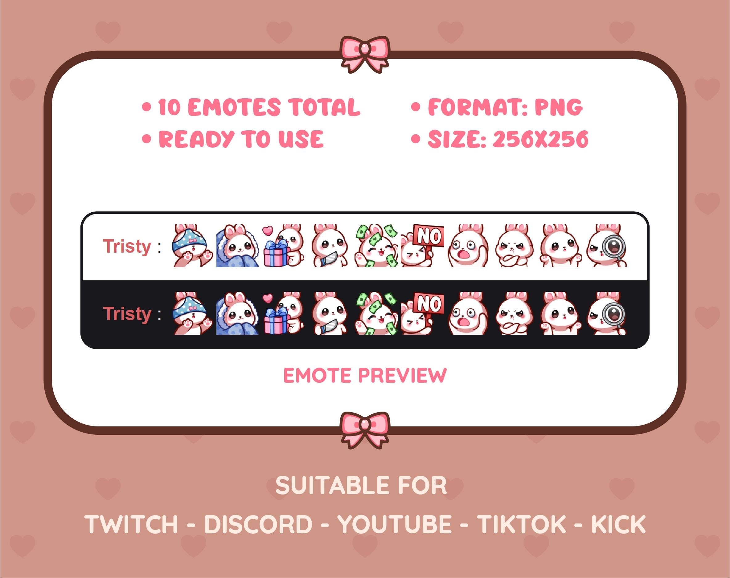 White Bunny Twitch emote pack preview displaying all 10 emotes with format and size information.
