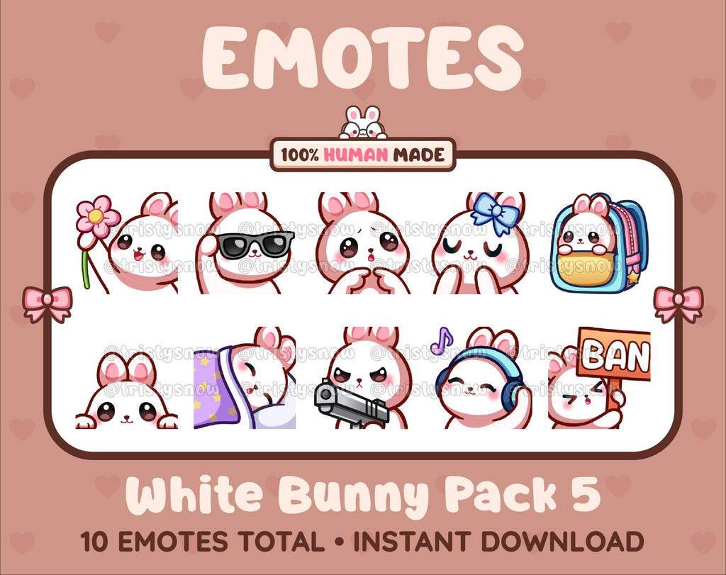 White Bunny Twitch emote pack featuring 10 emotes including flower, cool, plead, and lurk.