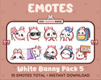White Bunny Twitch emote pack featuring 10 emotes including flower, cool, plead, and lurk.