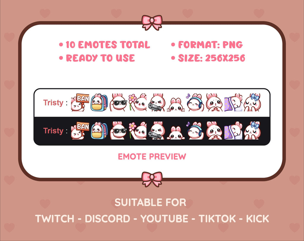 White Bunny Twitch emote pack preview displaying all 10 emotes with format and size information.