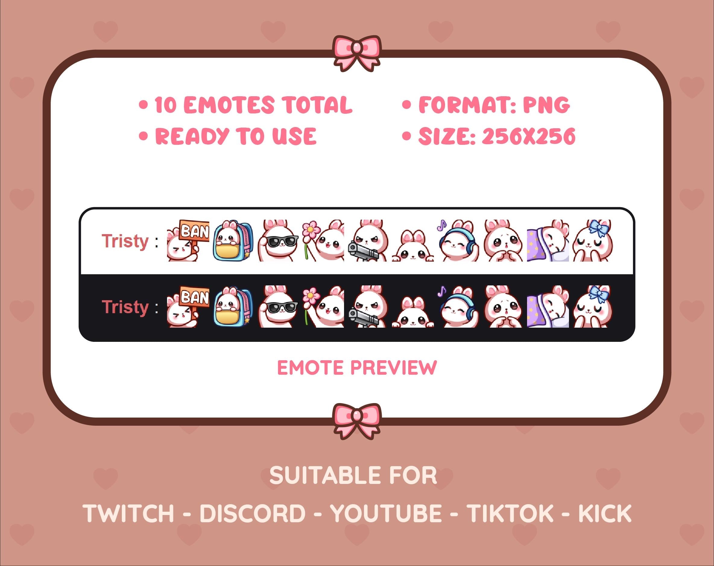 White Bunny Twitch emote pack preview displaying all 10 emotes with format and size information.