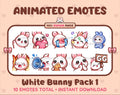 White Bunny animated Twitch emote pack featuring 10 emotes including GG, angry, cry, and hype.