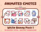 White Bunny animated Twitch emote pack featuring 10 emotes including GG, angry, cry, and hype.