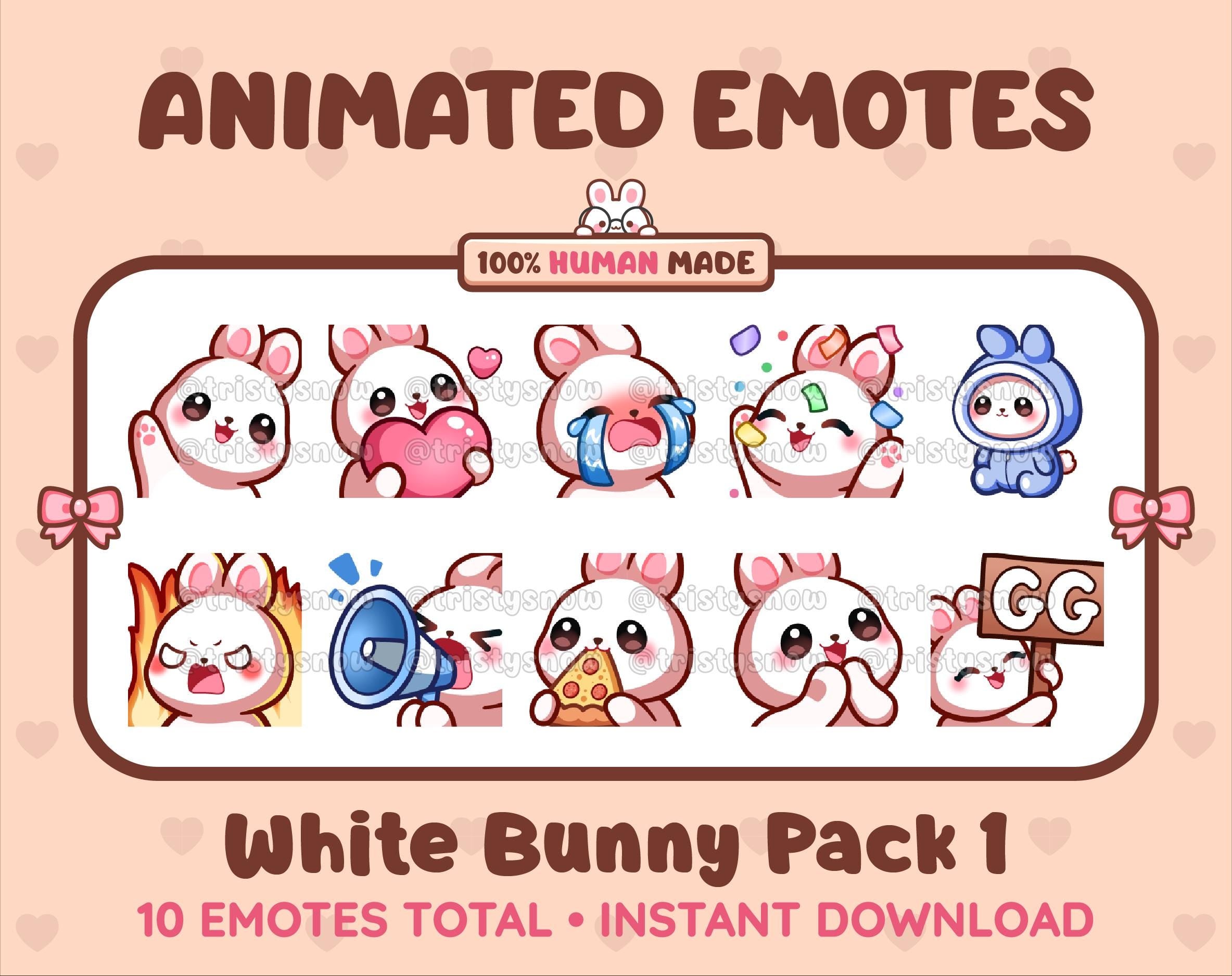 White Bunny animated Twitch emote pack featuring 10 emotes including GG, angry, cry, and hype.