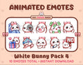 White Bunny animated Twitch emote pack featuring 10 emotes including cozy, sus, panic, and shrug.