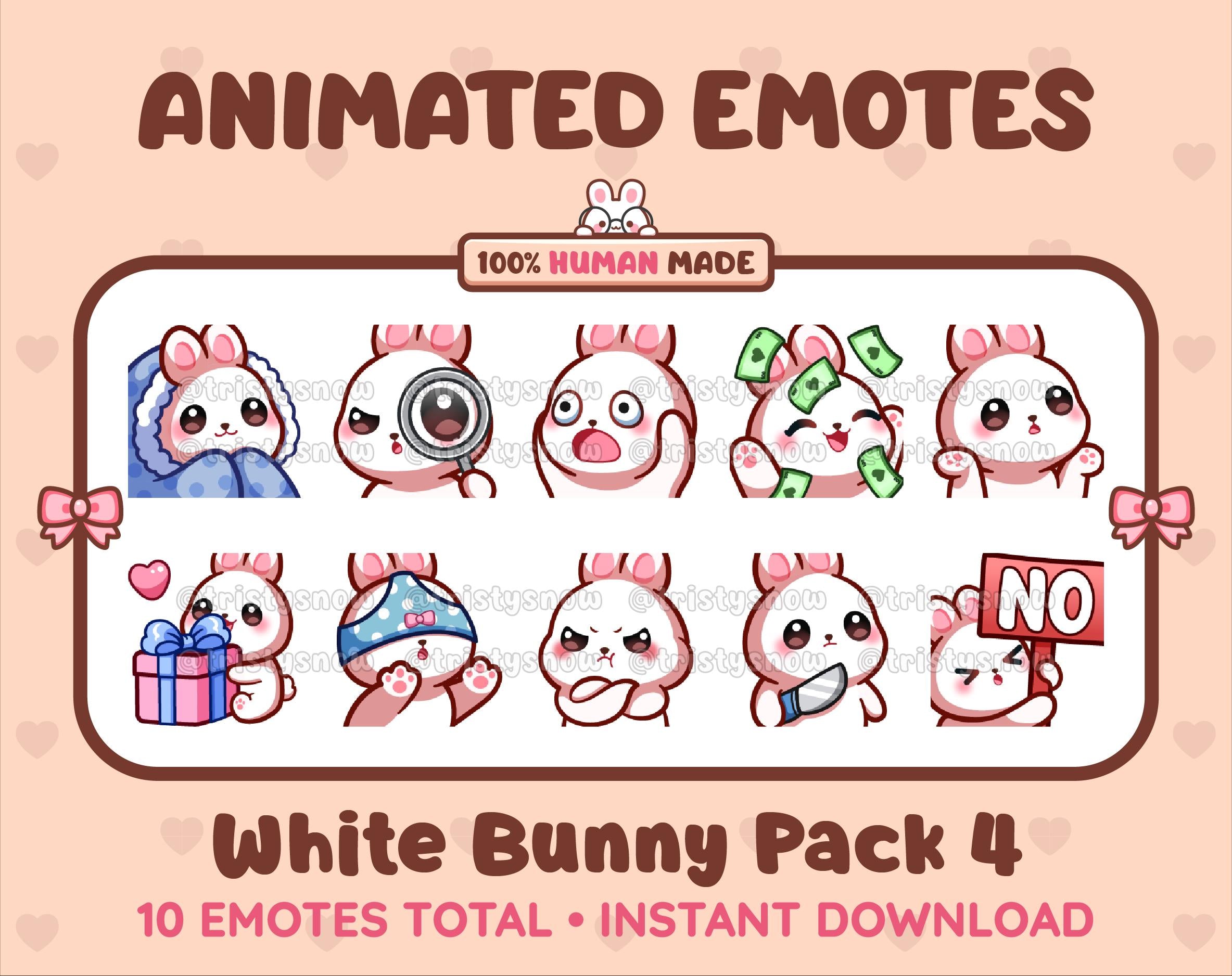 White Bunny animated Twitch emote pack featuring 10 emotes including cozy, sus, panic, and shrug.