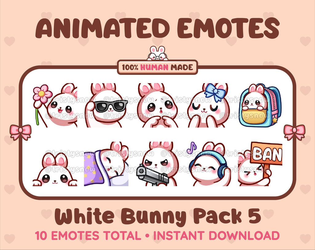 White Bunny animated Twitch emote pack featuring 10 emotes including flower, cool, plead, and lurk.