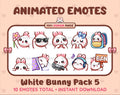 White Bunny animated Twitch emote pack featuring 10 emotes including flower, cool, plead, and lurk.