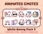 White Bunny animated Twitch emote pack featuring 10 emotes including flower, cool, plead, and lurk.