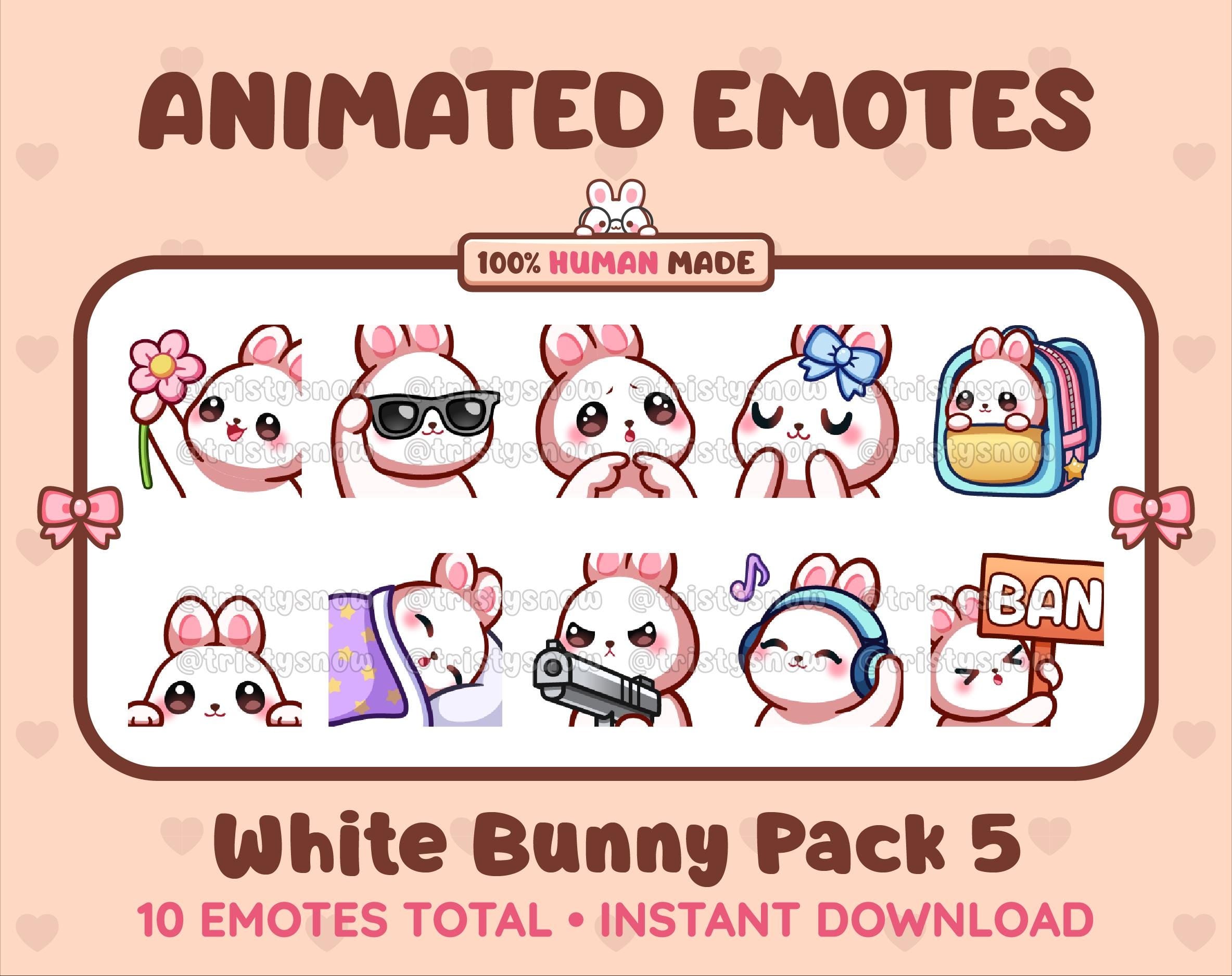 White Bunny animated Twitch emote pack featuring 10 emotes including flower, cool, plead, and lurk.
