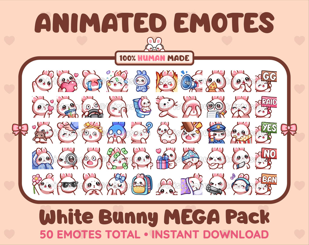 White Bunny animated Twitch emote mega pack featuring 50 emotes including hype, kiss, raid, and lurk.