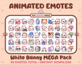 White Bunny animated Twitch emote mega pack featuring 50 emotes including hype, kiss, raid, and lurk.