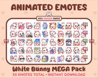 White Bunny animated Twitch emote mega pack featuring 50 emotes including hype, kiss, raid, and lurk.