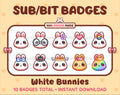 White Bunny Twitch sub badge pack featuring 10 subscriber badges with progressive addon elements.