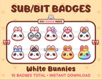 White Bunny Twitch sub badge pack featuring 10 subscriber badges with progressive addon elements.