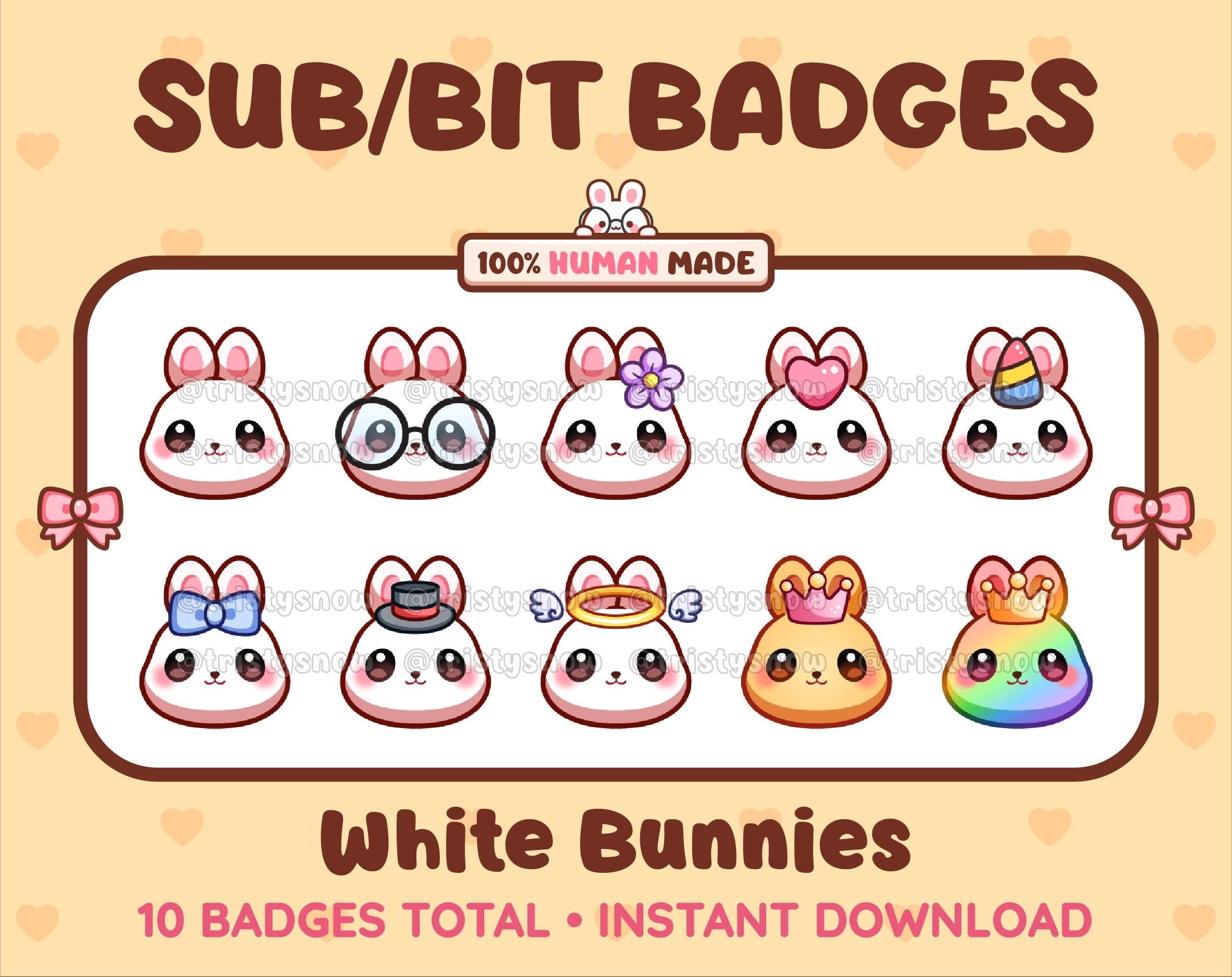 White Bunny Twitch sub badge pack featuring 10 subscriber badges with progressive addon elements.