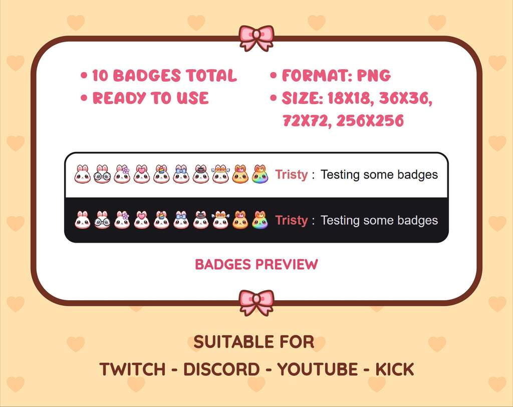 White Bunny Twitch sub badge pack preview displaying all 10 subscriber badges with format and size information.