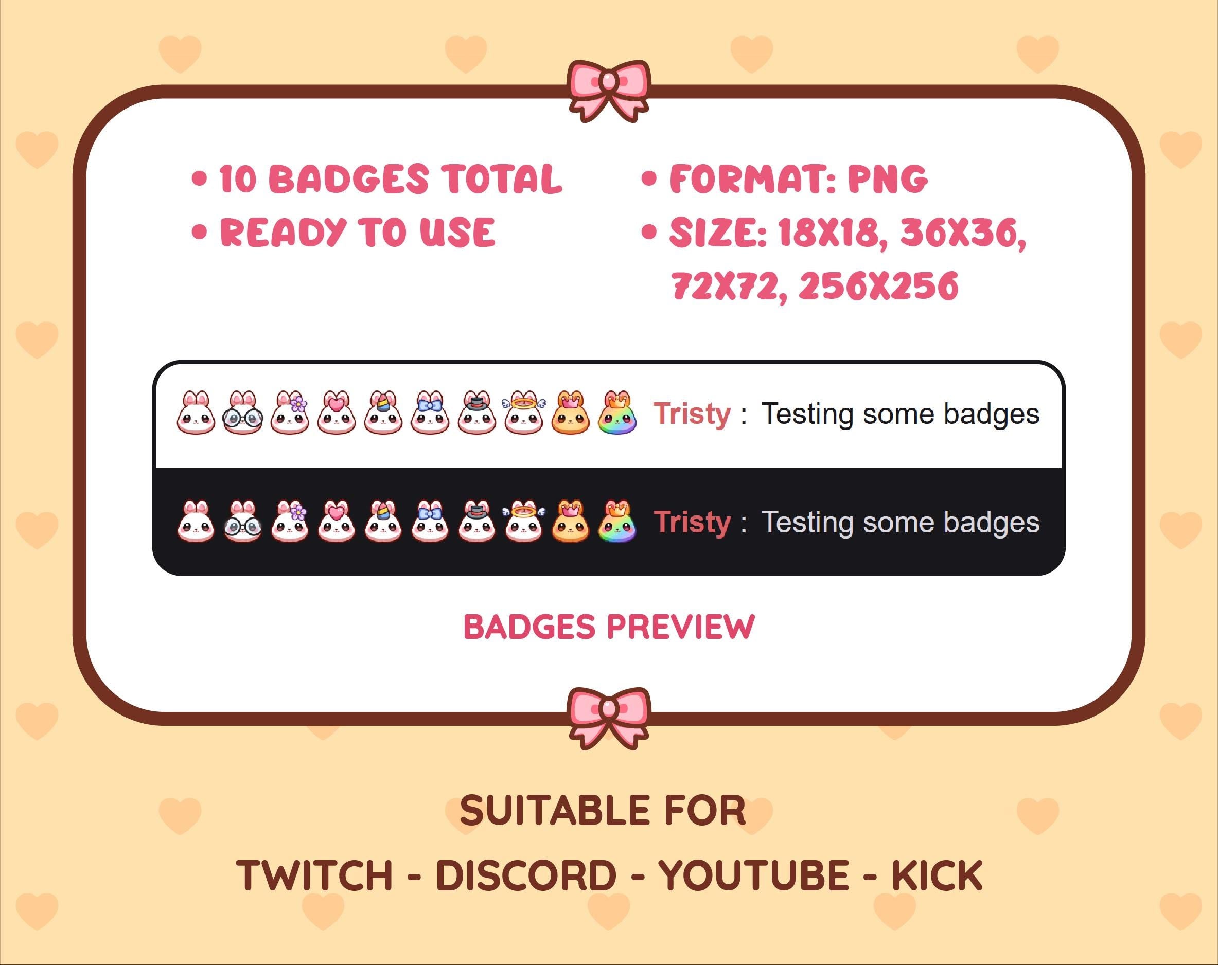 White Bunny Twitch sub badge pack preview displaying all 10 subscriber badges with format and size information.