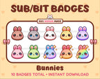 Bunny Twitch sub badge pack featuring 10 subscriber badges in multiple color variations.