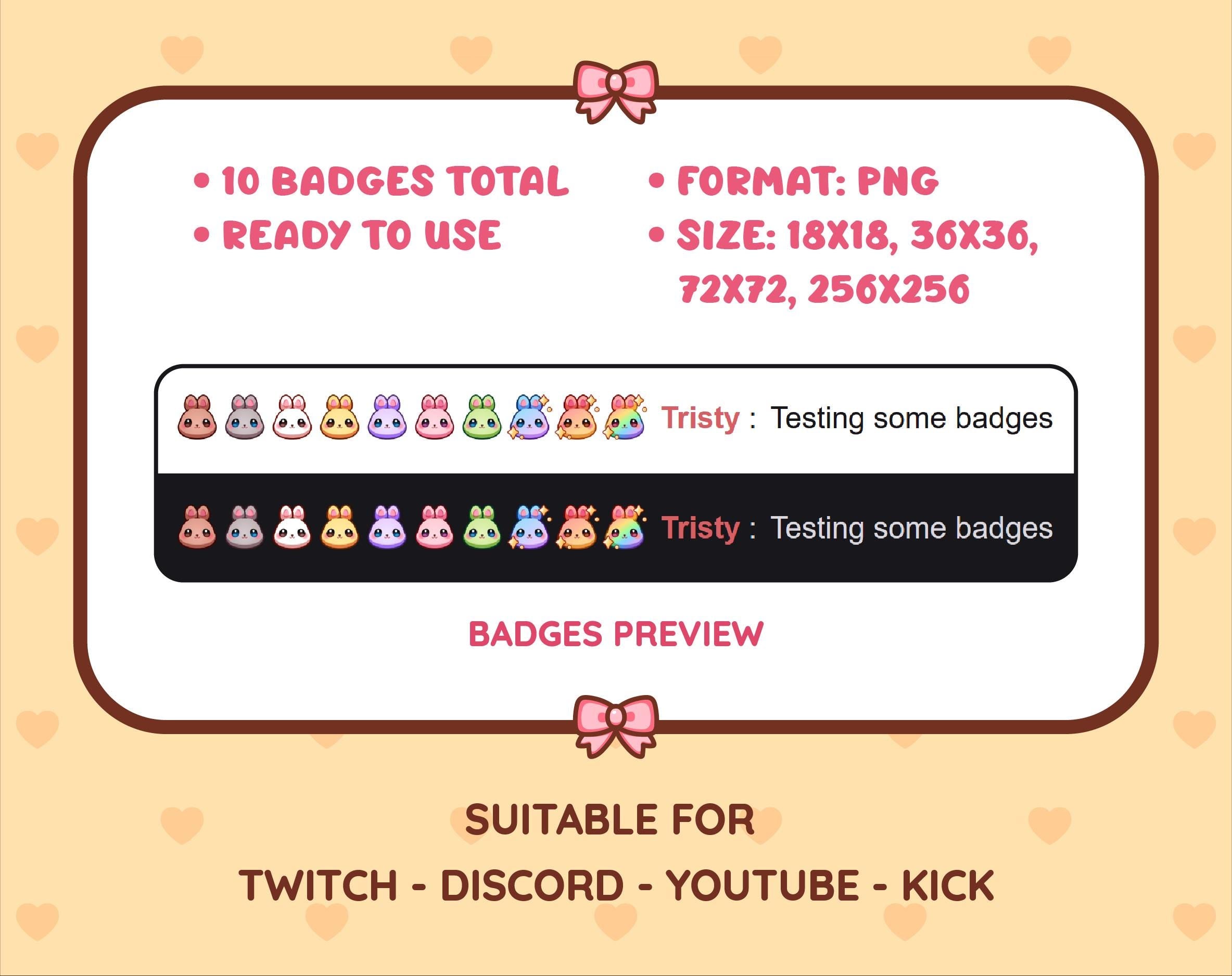Bunny Twitch sub badge pack preview displaying all 10 subscriber badges with format and size information.