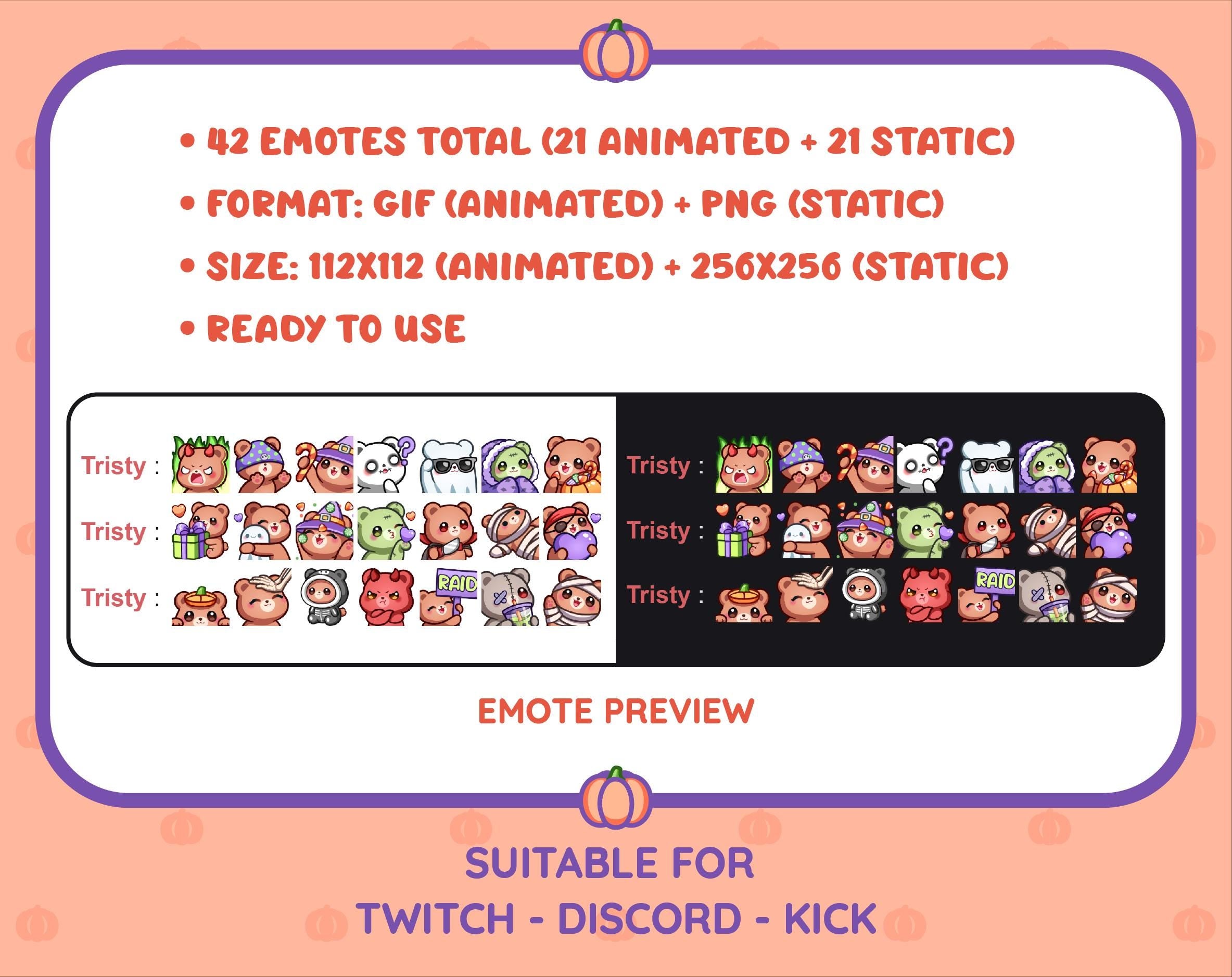 Brown Bear Halloween animated Twitch emote mega pack preview displaying all 21 emotes with format and size information.