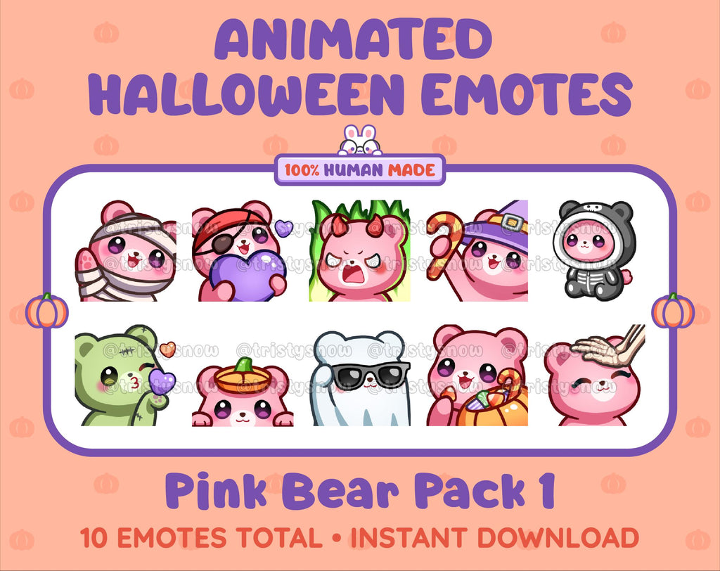 Pink Bear Halloween animated Twitch emote pack featuring 10 emotes including angry, candy, kiss, and lurk.