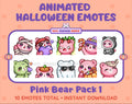 Pink Bear Halloween animated Twitch emote pack featuring 10 emotes including angry, candy, kiss, and lurk.