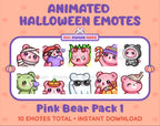 Pink Bear Halloween animated Twitch emote pack featuring 10 emotes including angry, candy, kiss, and lurk.