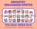 Pink Bear Halloween animated Twitch emote mega pack featuring 21 emotes including hype, candy, kiss, and lurk.