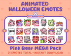 Pink Bear Halloween animated Twitch emote mega pack featuring 21 emotes including hype, candy, kiss, and lurk.
