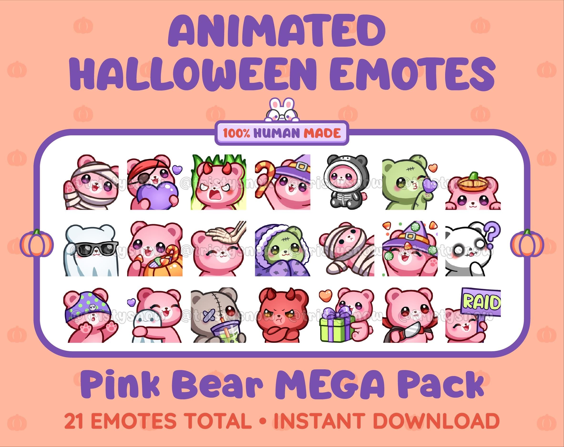 Pink Bear Halloween animated Twitch emote mega pack featuring 21 emotes including hype, candy, kiss, and lurk.