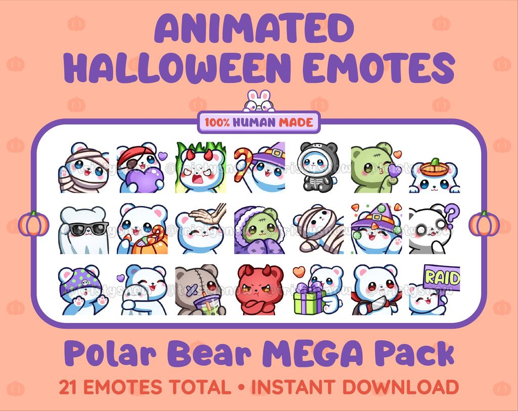 Polar Bear Halloween animated Twitch emote mega pack featuring 21 emotes including hype, candy, kiss, and lurk.