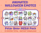 Polar Bear Halloween animated Twitch emote mega pack featuring 21 emotes including hype, candy, kiss, and lurk.