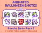 Purple Bear Halloween animated Twitch emote pack featuring 10 emotes including hype, sip, hug, and pout.