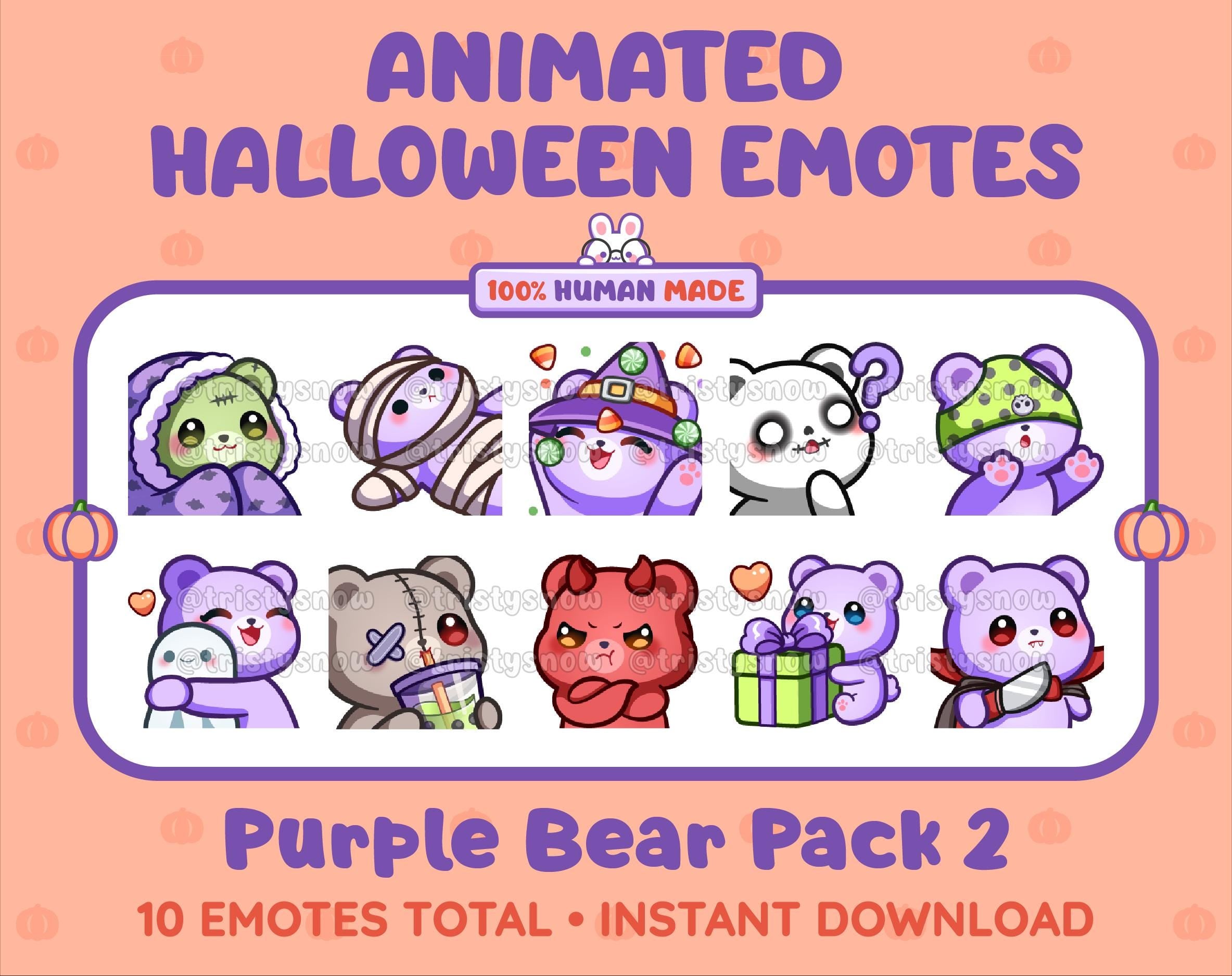 Purple Bear Halloween animated Twitch emote pack featuring 10 emotes including hype, sip, hug, and pout.