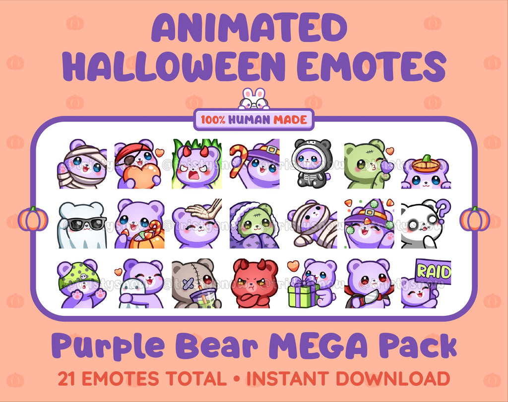 Purple Bear Halloween animated Twitch emote mega pack featuring 21 emotes including hype, candy, kiss, and lurk.