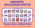 Purple Bear Halloween animated Twitch emote mega pack featuring 21 emotes including hype, candy, kiss, and lurk.